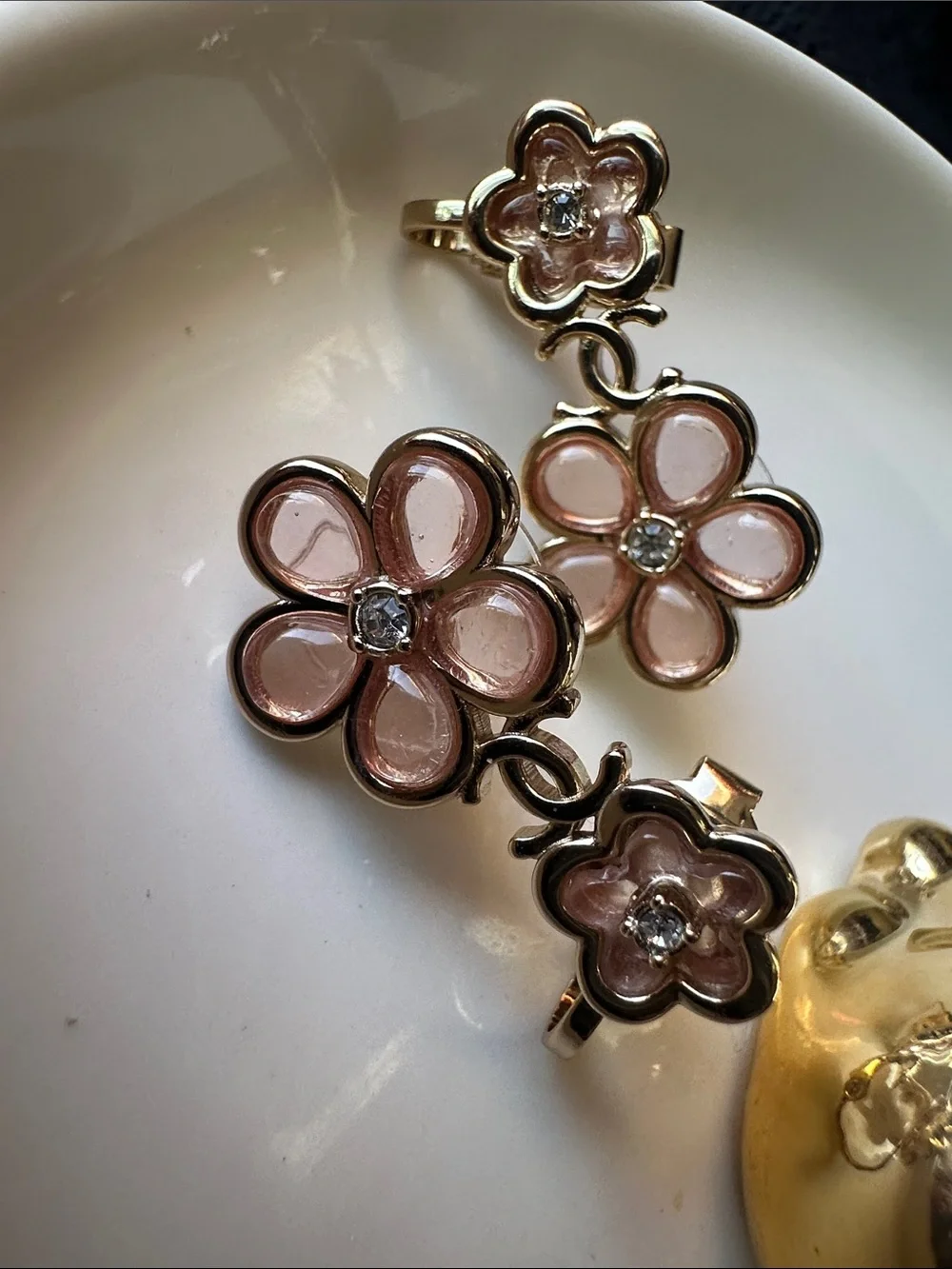 Like New- CHANEL Pink Floral Drop Earrings with Crystal Centers